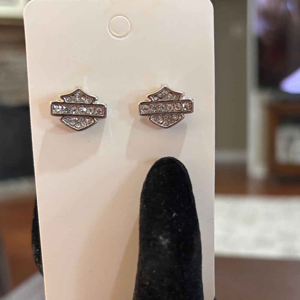 Harley Davidson Rhinestone Shield Stud Earrings - Silver Tone